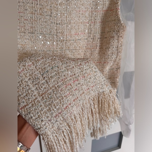 BNWT Zara Sequins Tweed Fringes Vest Sheer Organza Neck tie women’s blouse top M - Picture 4 of 10